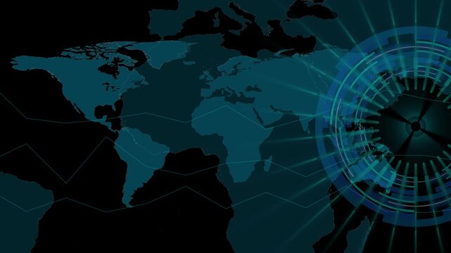 Dark world map background with a glowing blue radar circle and data lines, showing global tracking, security, technology, communication, and digital network themes.