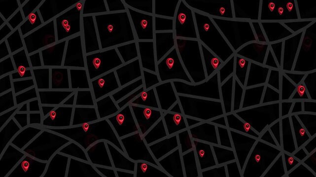 Dark city map background with many red location pins on streets, showing navigation, delivery, tracking, travel, and urban technology in a simple modern style.