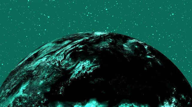 Dark planet horizon under a starry teal sky, with glowing cloud textures and a dramatic space mood. Good for science, future, mystery, and background design.