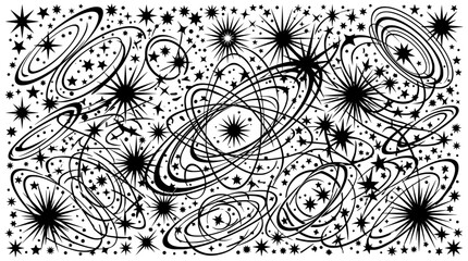 Retro space doodle pattern, hand drawn celestial galaxy with stars and planets, black and white cosmic line art background for wrapping paper © Creative Wings