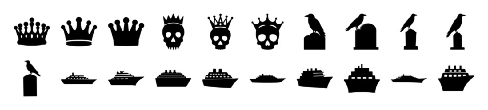 Flat cake toppers with crowns and chef icons - Set of playful flat cake toppers featuring crowns, chef hats, and whimsical faces for creative baking designs.