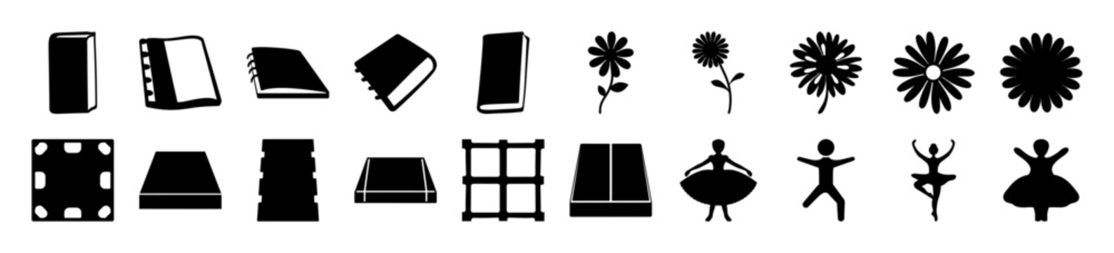 Flat icons set of objects and human activities - A clean and minimal flat icon set featuring everyday objects, plants, and human figures in various poses and activities.