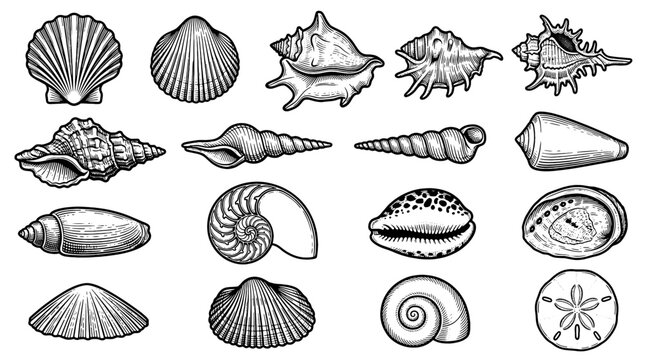 Sea Shell Icon Set Collection, Seashell Vector Silhouettes, Marine Shell Symbols, Ocean Nature Icons