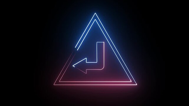 Neon triangle sign with arrow pulsing in darkness with subtle camera movement