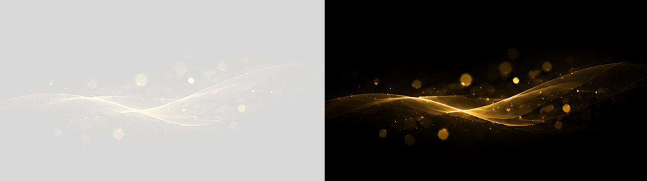 Luxury Golden Light Trail with Glitter Dust Particles and Defocused Bokeh Lights, Abstract Sparkling Wave on Black Background