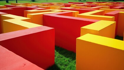 Fototapeta premium Vivid red, yellow block maze sits on green lawn against dark sky. Geometric shapes form complex path, creating optical illusion. Modern art installation inspires exploration puzzle solving. Bright
