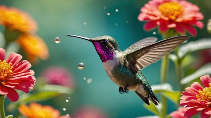 Obraz premium Colorful hummingbird hovering near vibrant flowers, droplets of water glistening in sunlight