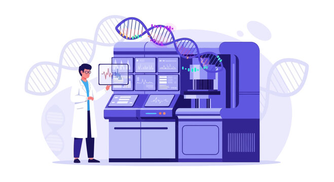 Scientist analyzing DNA helix with advanced genetic sequencing machine and monitors