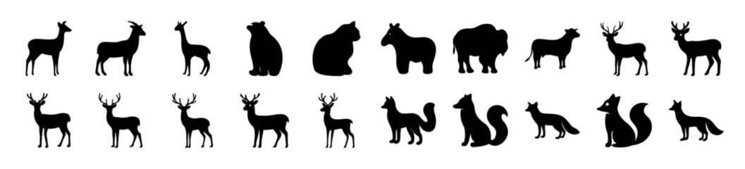 Obraz premium Black and white deer and reindeer silhouette collection - A stylish set of deer and reindeer silhouettes in black and white, perfect for nature-themed designs, logos, or seasonal illustrations.