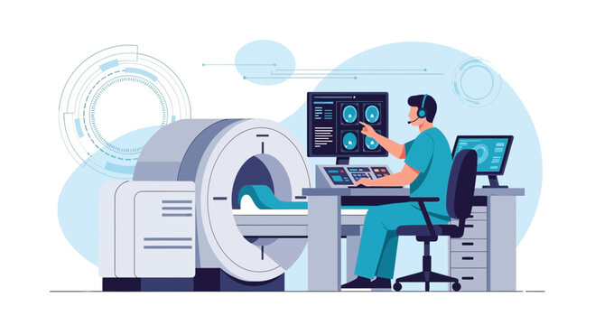 Radiologist operating MRI scanner and analyzing brain scans on computer screen