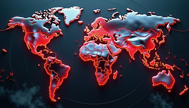 World map glowing with red cracks across Africa, continents. Global issues, conflict, crisis, danger symbolized on dark background. Earth political, social instability depicted. Geopolitical