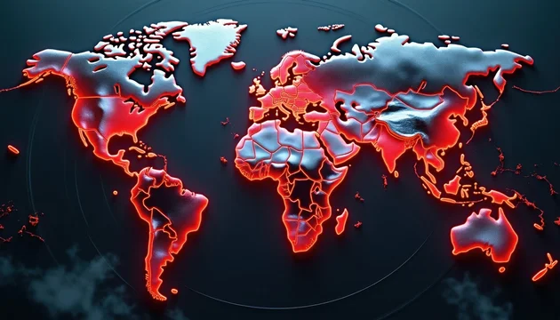 World map glowing with red cracks across Africa, continents. Global issues, conflict, crisis, danger symbolized on dark background. Earth political, social instability depicted. Geopolitical
