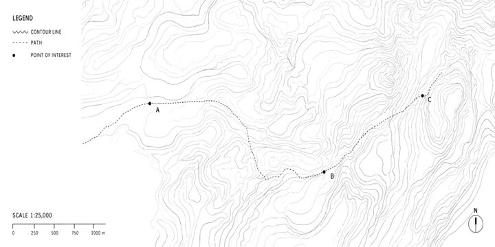 Topographic map section showing landscape terrain contours with topography elevation cartography geography landscape navigation physical analysis geometry technical plotting geological