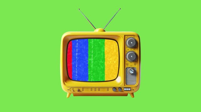 Retro yellow television set with colorful test pattern screen isolated on green background