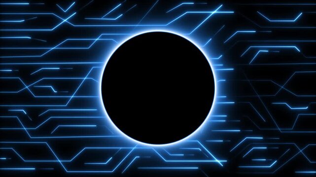 Neon circuit board pattern surrounds a central black circle frame. Glowing neon circuit board pattern represents computer motherboard data. Abstract neon circuit board pattern.