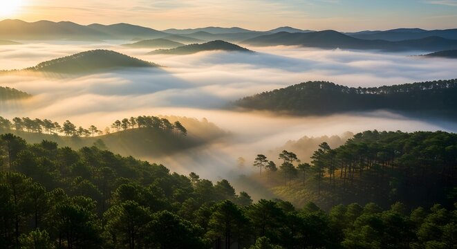 Breathtaking sunrise over misty pine forest mountains in Vietnam.