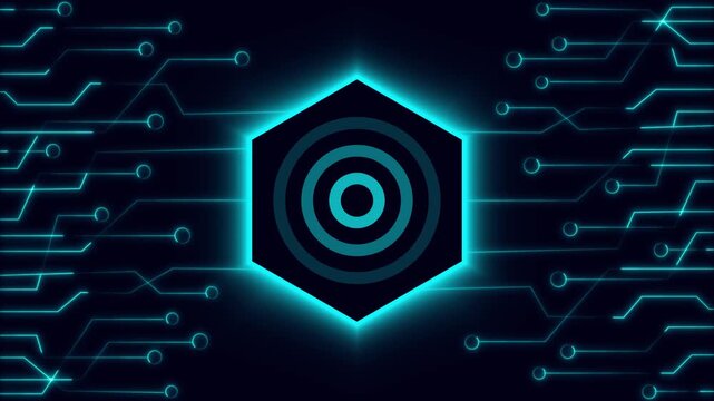 Concentric circles rotate inside a tech hexagonal frame with circuit paths. Modern hexagonal frame displays data processing elements. Abstract hexagonal frame overlay loop.