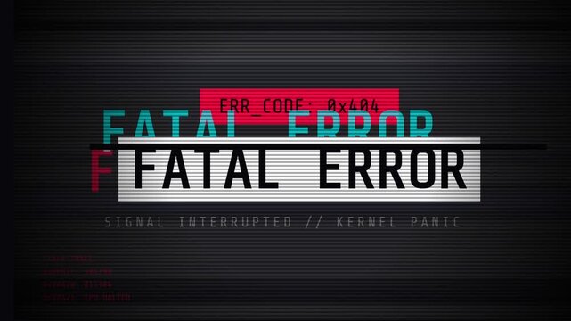 Fatal error screen, glitchy text, error code 0x404, signal interrupted kernel panic, symbolizing system failure, representing technology malfunction, cinematic motion graphics