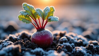 Fototapeta premium Beetroot plant with frost on leaves grows in cold soil under morning sun. Root vegetable in frosty ground, winter farm scene. Healthy produce ready for harvest.
