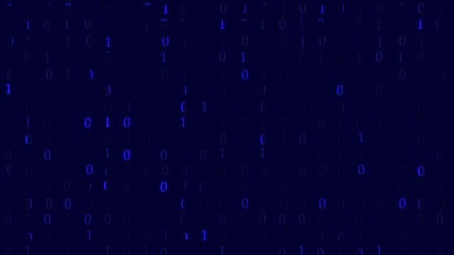 Rows of binary code digits scroll across a deep digital computer screen. Matrix binary code digits process complex software scripting data. Abstract binary code digits.