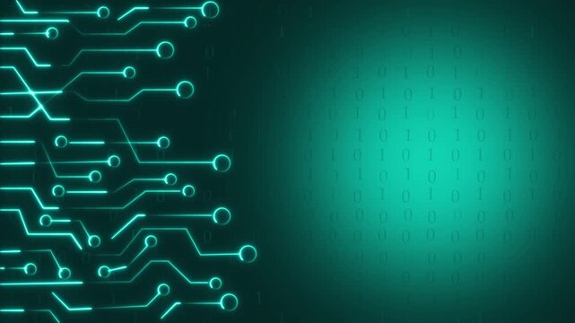 Matrix binary code data flows alongside glowing neon motherboard traces. Electronic binary code data represents cyber network processing. Abstract binary code data.