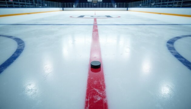 Hockey puck rests on red center line of empty ice rink surface. Clean ice arena floor marked with blue and yellow lines. Professional playing field ready for game.