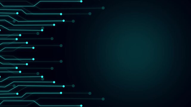 Microchip trace pathways extend smoothly from the left video frame side. Cyan microchip trace pathways represent automated hardware systems. Abstract microchip trace.