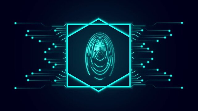 Hexagonal boundary encloses a glowing cyan digital fingerprint graphic. Tech fingerprint graphic represents cloud network identity checks. Abstract fingerprint graphic.