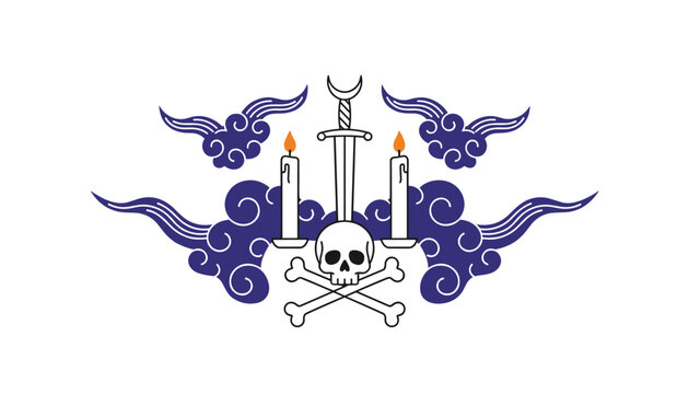 Gothic illustration featuring a human skull with crossed bones, a central sword, two lit candles, and stylized purple clouds for dark fantasy or alternative lifestyle branding.