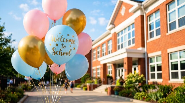 Balloons Welcome Students Back To School Outside Building