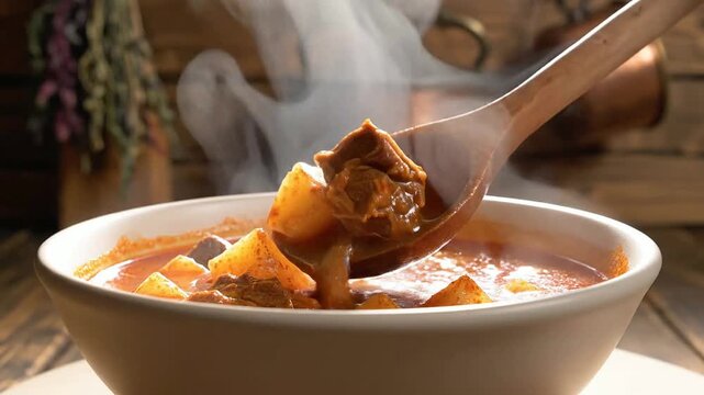 Steaming Bowl Of Hungarian Goulash With Wooden Spoon Stirring The Rich Red Sauce And Fresh Ingredients In A Rustic Kitchen Setting