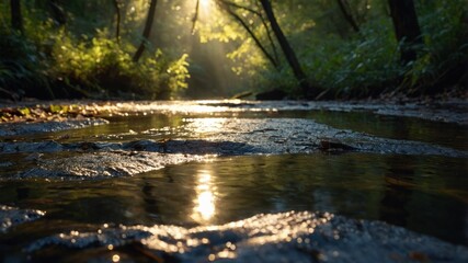 Fototapeta premium Sunlight filtering through trees over a tranquil stream, highlighting nature's beauty and serenity
