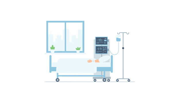 Patient lying in hospital bed with intravenous drip and heart monitor in clinical room for medical care and healthcare services.