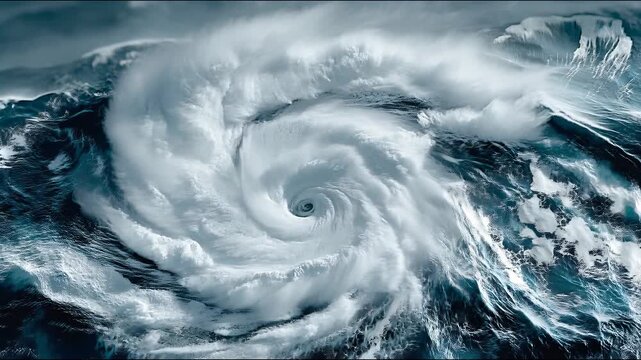 A powerful hurricane with a distinct eye is raging over the ocean, demonstrating the destructive force of nature and providing a terrifying backdrop to discussions of climate change and meteorology.
