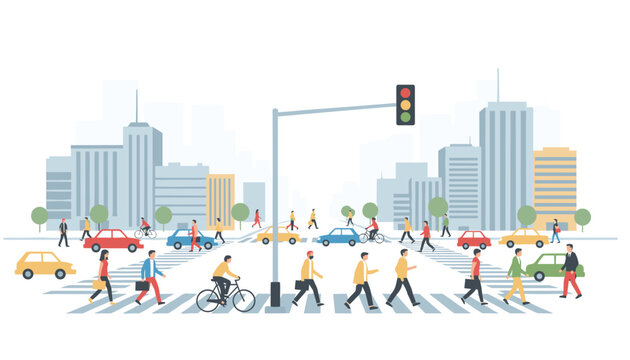 Pedestrians crossing busy city street intersection with traffic light signal and passing cars for urban transportation and city life themes.