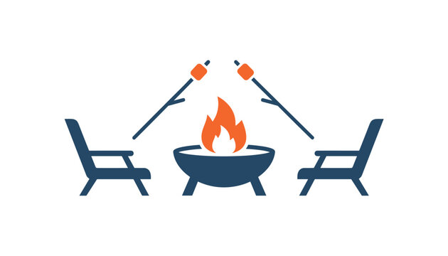 Two blue Adirondack chairs facing a central campfire with two sticks holding marshmallows for outdoor camping and cozy summer evening lifestyle branding projects.