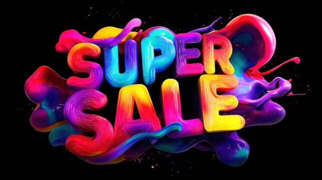 SUPER SALE typography with vibrant colorful gradients, flowing liquid shapes, abstract smoke, glowing neon lighting, dynamic promotional banner