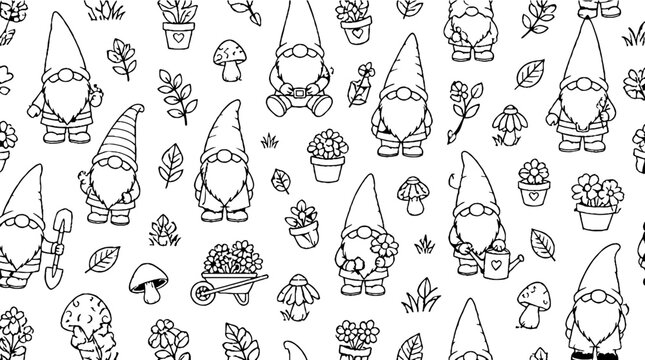 Whimsical gnome and mushroom pattern illustration.