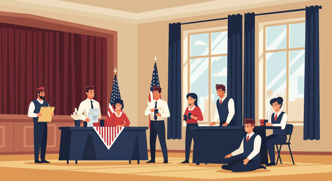 Diverse group of professionals engaged in a government meeting with American flags present.