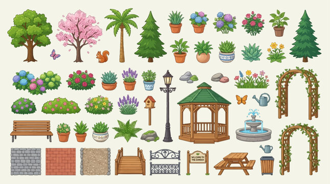 A comprehensive collection of cartoon-style garden and park elements including trees, bushes, flowers, benches, a gazebo, fountain, and paving for landscape design.