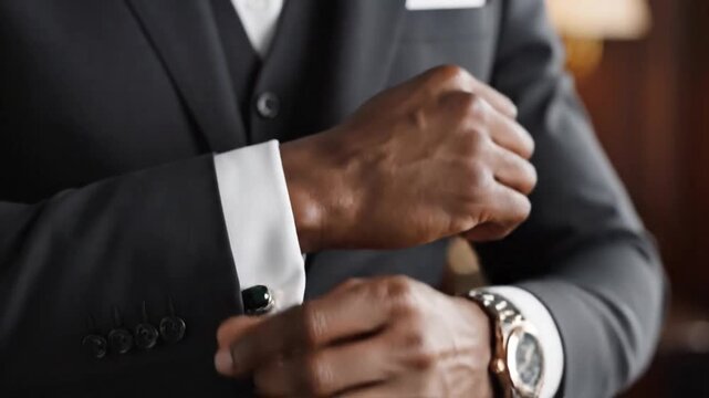 Businessman in black suit adjusting silver cufflinks on sleeve.