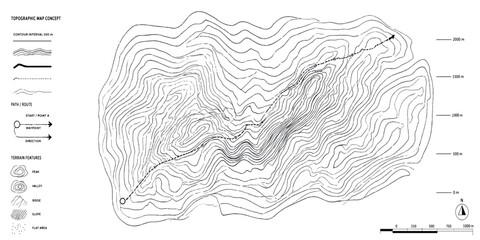 Topographic map featuring elevation contours and terrain analysis symbols topographic elevation cartography geography navigation mountains landscape topography planning geological orography © MOHAMAD
