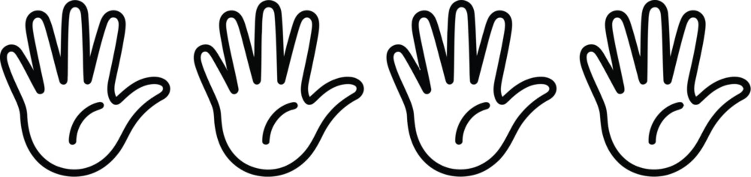 Set of hands showing five fingers for greeting, stop gesture, and open palm symbols isolated on white background.