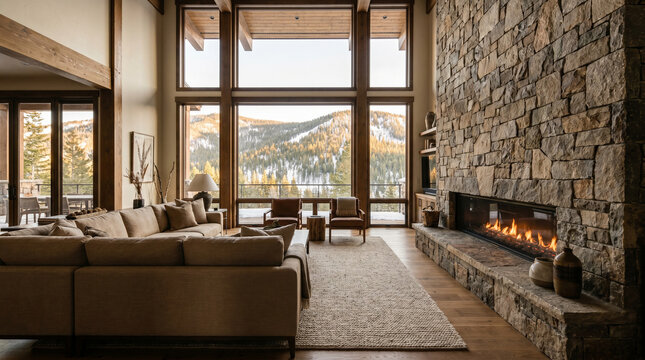 Ultra wide living room with full stone fireplace wall, modern mountain home interior