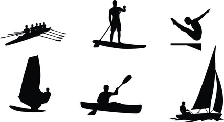 Water Sports Silhouette Collection Featuring Rowing Paddleboarding Diving Sailing Windsurfing and Canoeing Athletes © MSTNASRIN