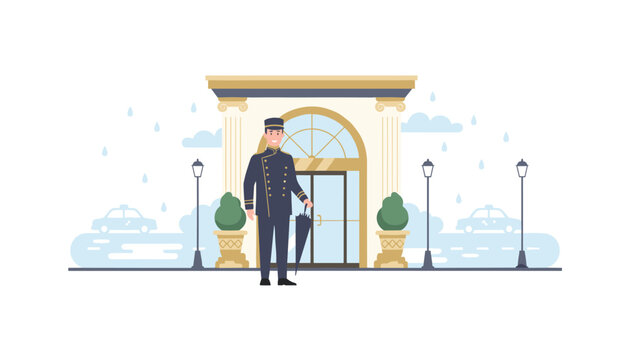 Hotel bellhop holding closed black umbrella standing in front of grand entrance with columns during rain with taxis parked on street.