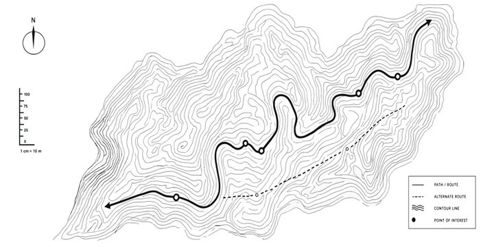 Topographic map segment showing mountainous terrain and hiking trail route with topographic elevation cartography navigation geography mountains landscape directional wilderness climbing