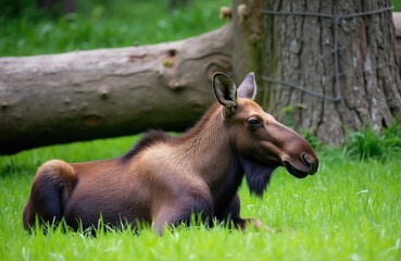 Obraz premium Brown moose rests on green grass field near fallen tree, big bark tree trunk. Animal in natural habitat, zoo park setting. Closeup profile view shows head, ears, shoulder. Moose large mammal.
