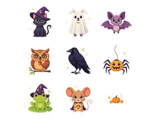 Obraz premium Cute Halloween Animal Character Collection with Black Cat, Ghost Bat Owl Crow Frog Mouse, and Pumpkin Vector Set