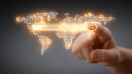 Obraz premium Finger touching virtual search bar on digital screen, browsing global jobs, networking, typing on computer, sharing data, business interface, minimal backlight, online research